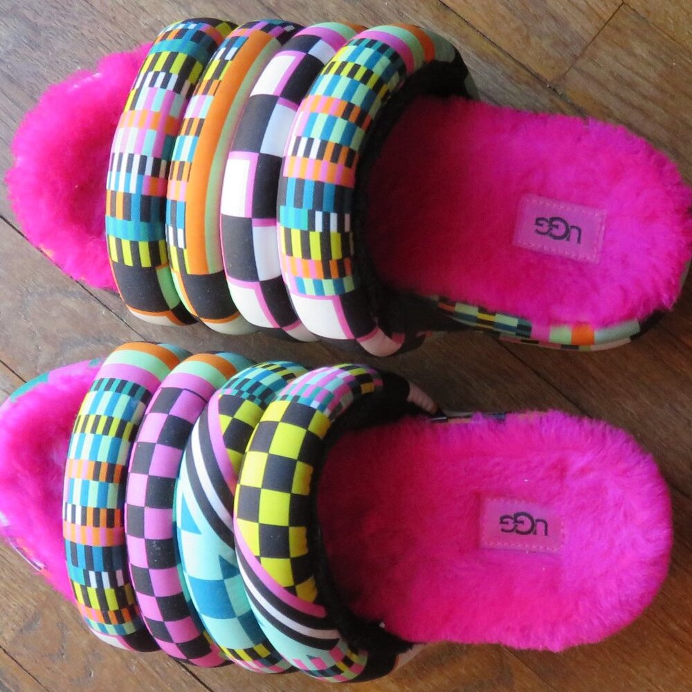UGG Fluffy Rainbow Platform Slides size 9